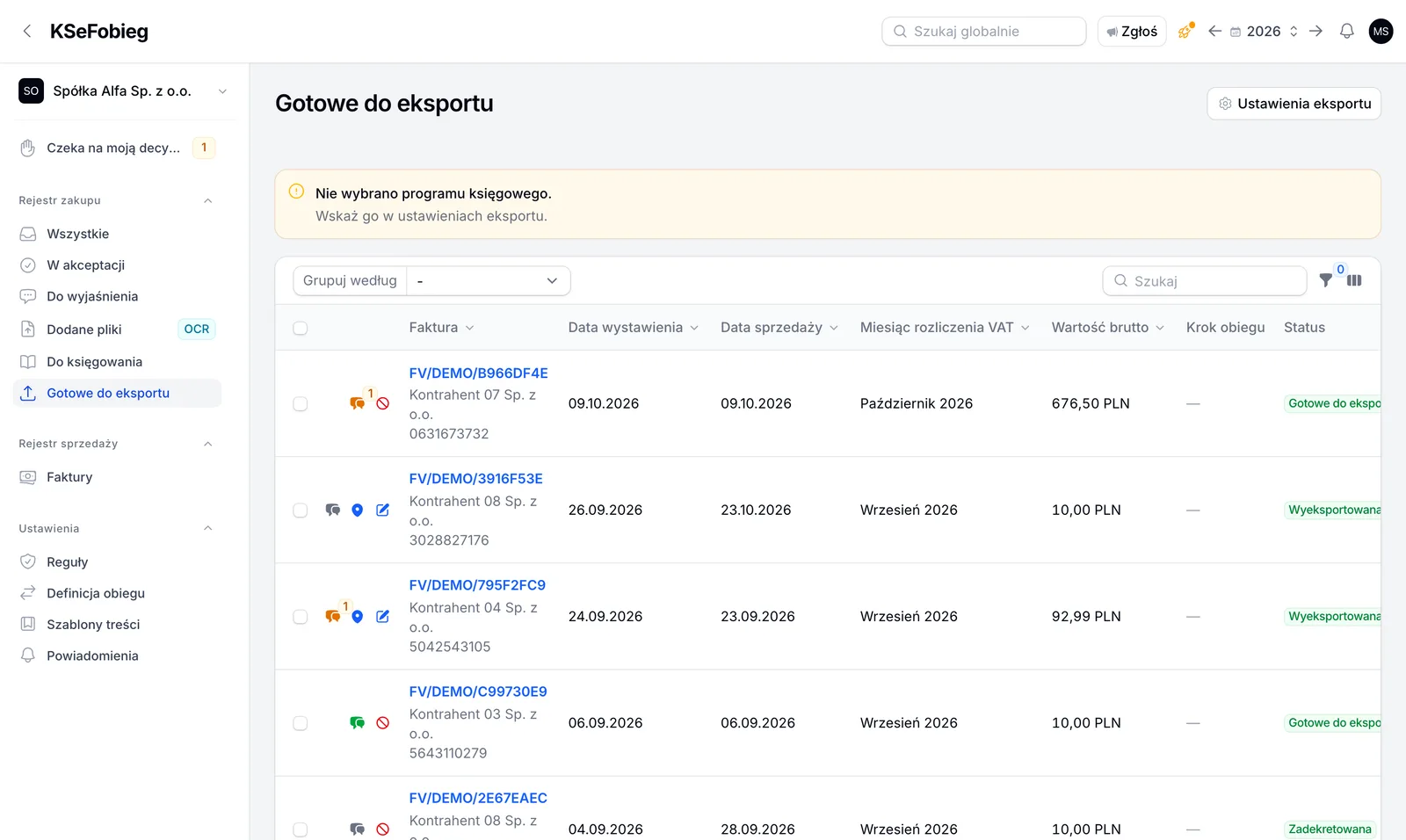 Ekran eksportu faktur do programu księgowego