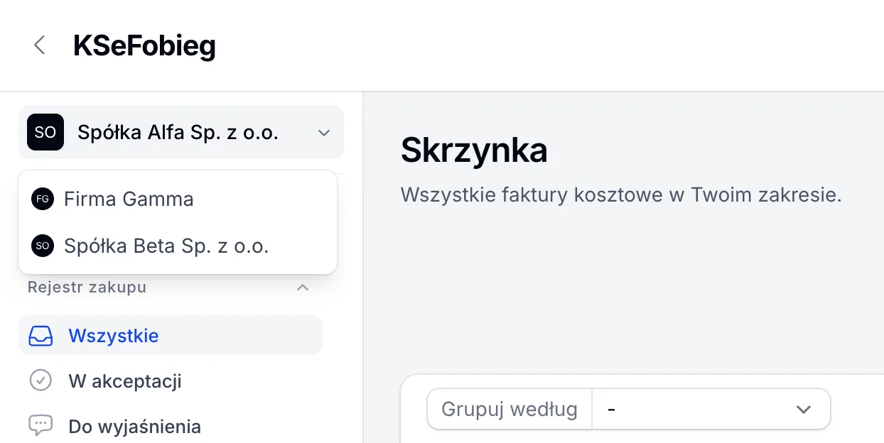Przełącznik firm w KSeFobieg: zmiana aktywnej spółki jednym kliknięciem, bez wylogowania