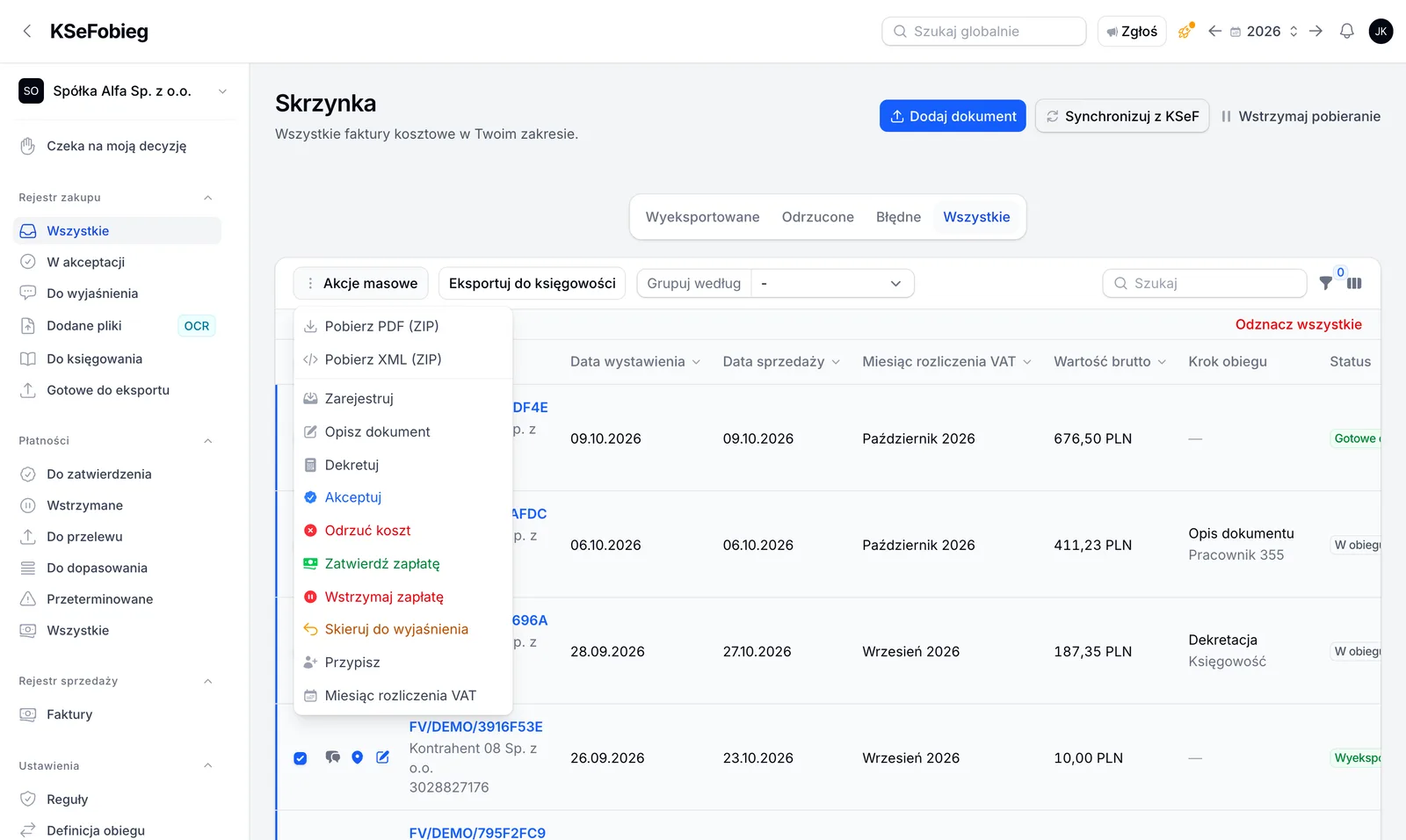 Rejestr faktur kosztowych z działaniami zbiorczymi